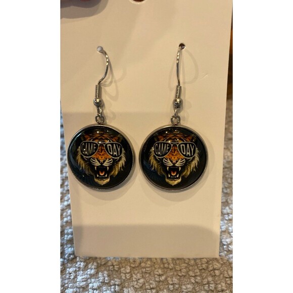 Tiger Earrings Football Basketball Dangle Drop Gold & Black Lightweight ROAR! - Picture 1 of 6